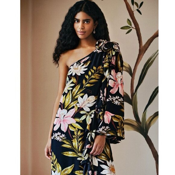 NWOT Farm Rio Black Surreal Flowers One-Shoulder Maxi Dress XS - Picture 4 of 12
